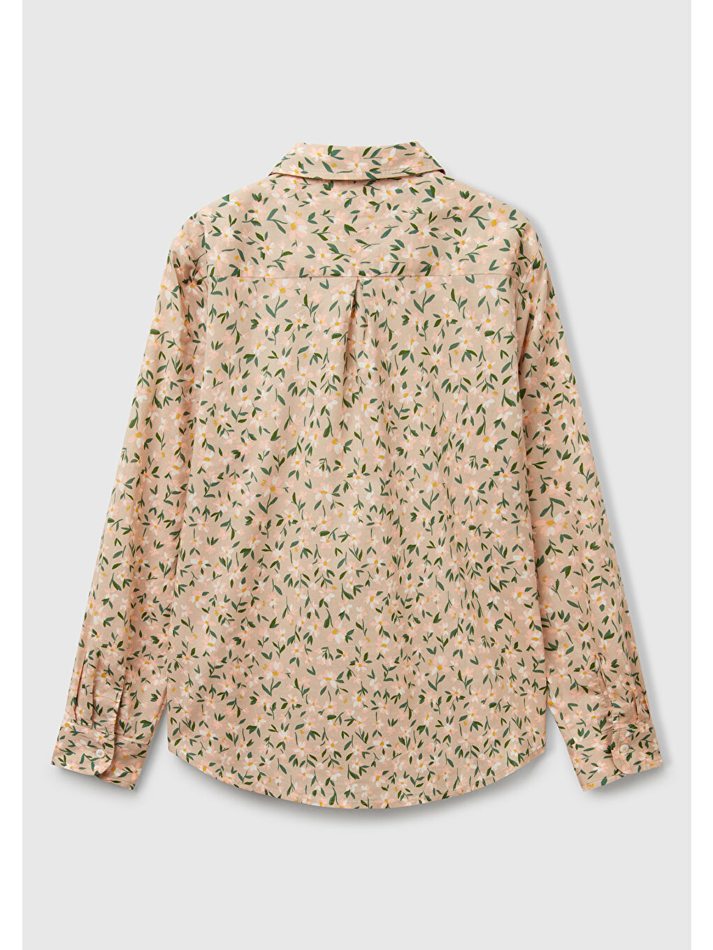 Kadın Bej-Yeşil %100 Pamuk Desenli Manşetli Regular Fit Müslin Gömlek-3