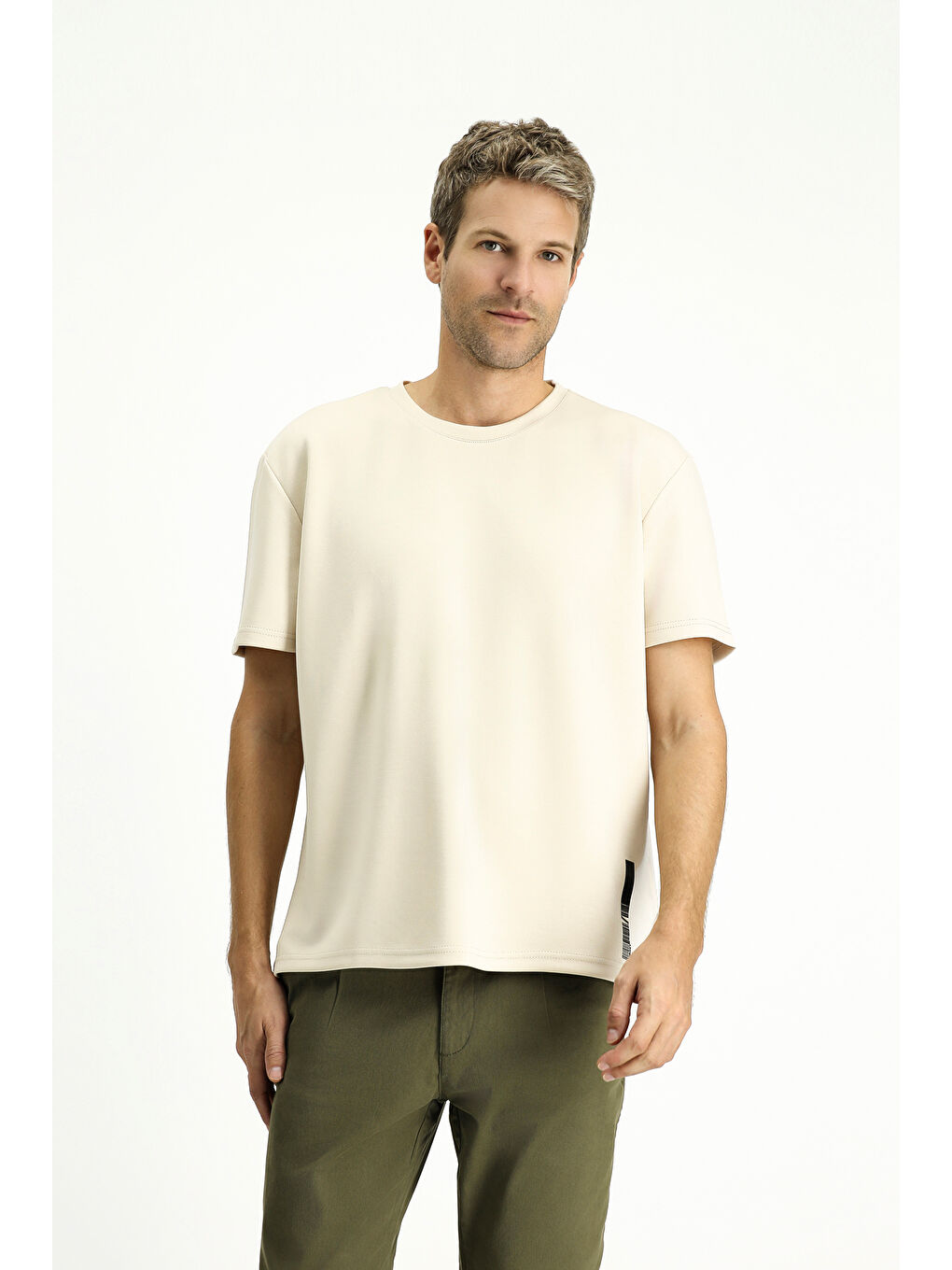 Bej BİSİKLET YAKA OVERSİZE Elastanlı BASKILI TİŞÖRT