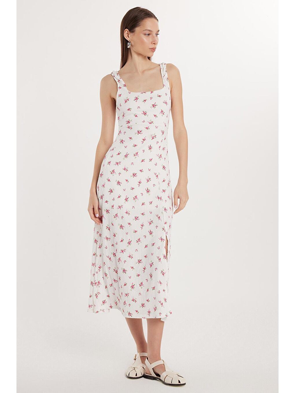 Karışık Kadın Slim Fit Dar Kesim İnce Askılı Kare Yaka Baskılı Gofre Kumaş Elbise-3