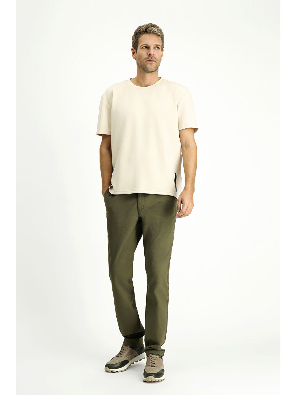 Bej BİSİKLET YAKA OVERSİZE Elastanlı BASKILI TİŞÖRT-1