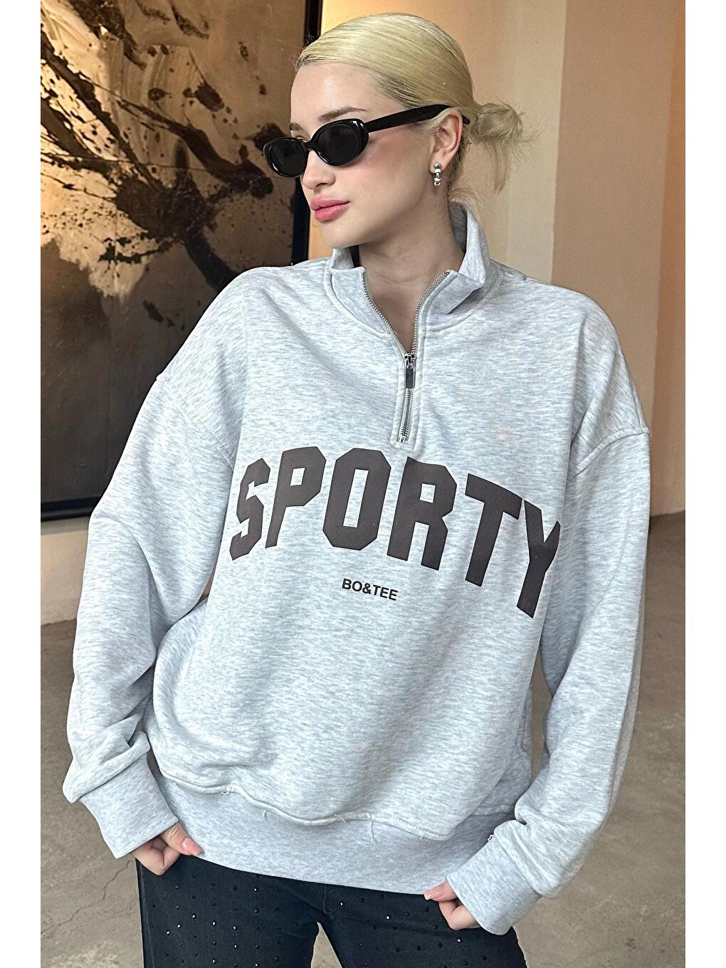 Beyaz Karmelanj Yarım Fermuarlı Baskılı Sweatshirt Mg2212-1