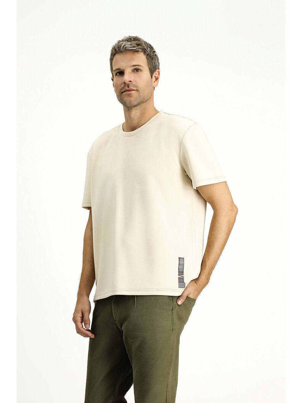 Bej BİSİKLET YAKA OVERSİZE Elastanlı BASKILI TİŞÖRT-2