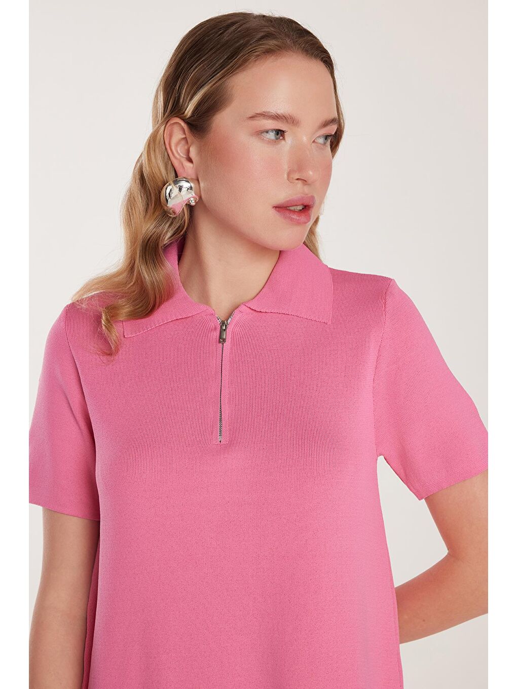 Kadın Standart Fit Kısa Kollu Fermuarlı Gömlek Yaka Pembe Elbise-1