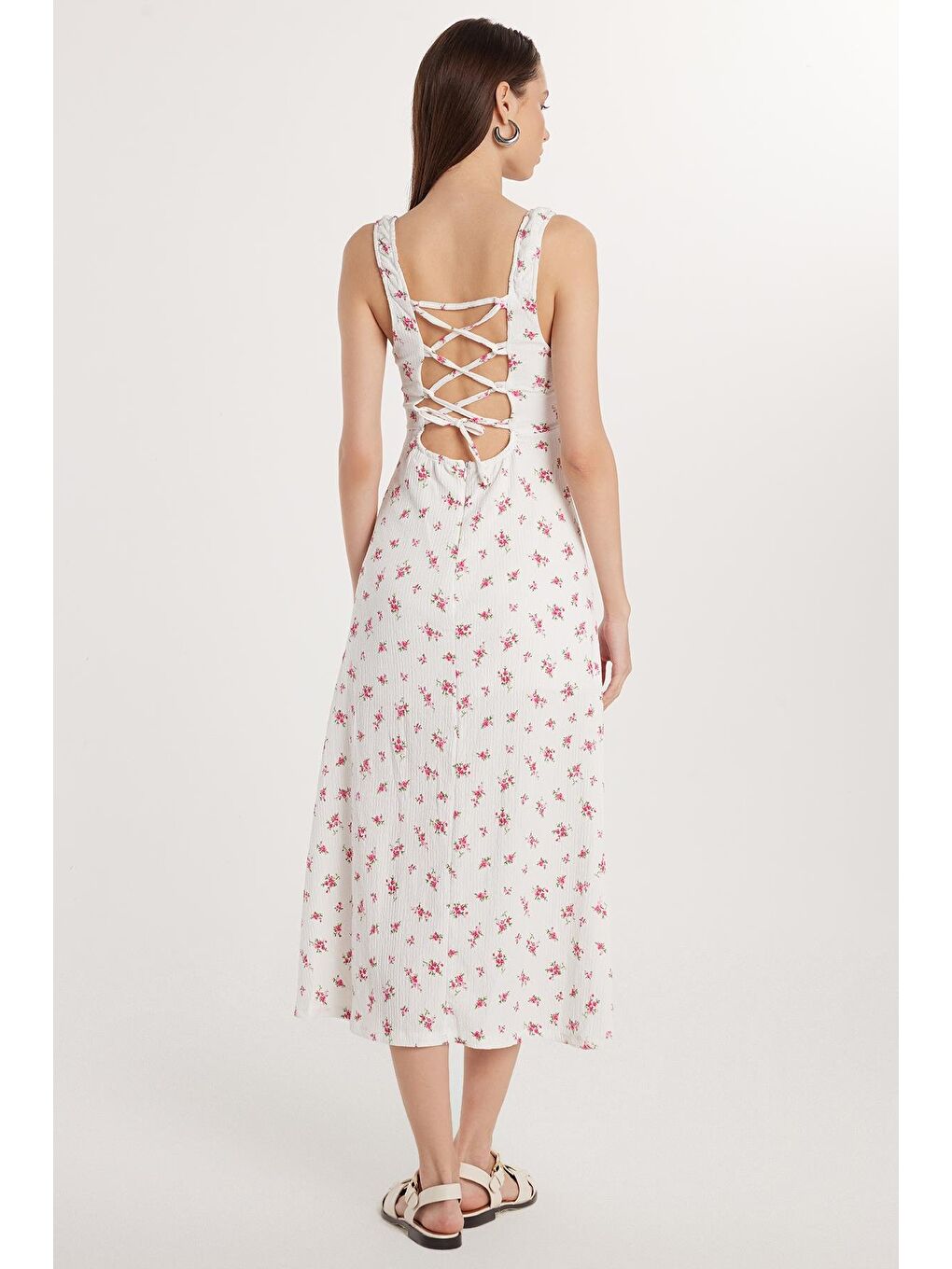 Karışık Kadın Slim Fit Dar Kesim İnce Askılı Kare Yaka Baskılı Gofre Kumaş Elbise-4