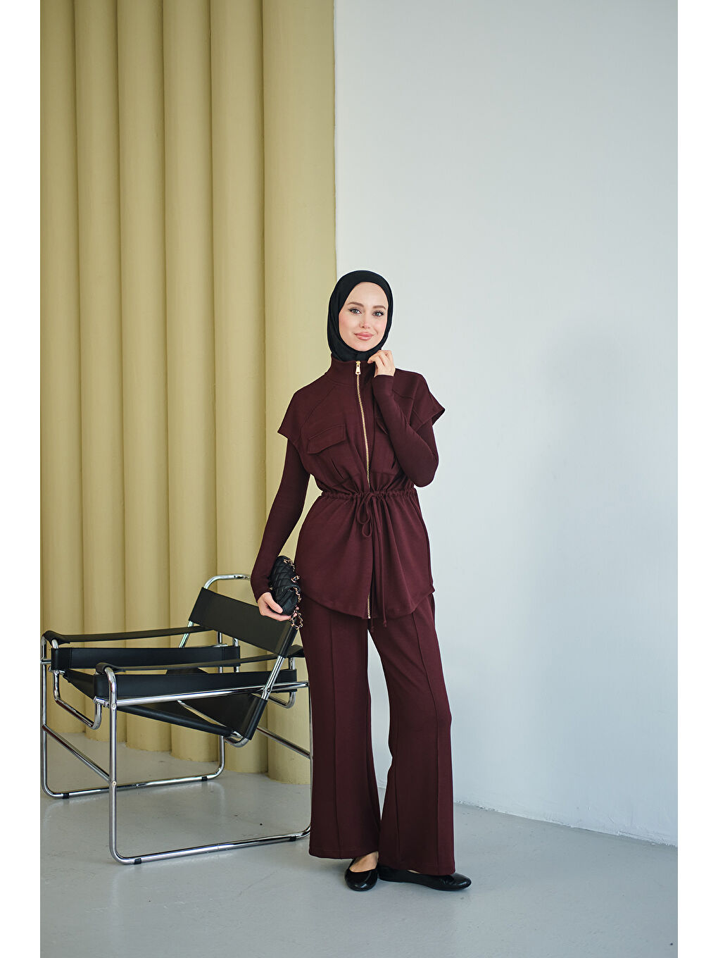 Kadın Beli Ayarlanabilir Gold Fermuar Detay Yelekli Takım Bordo-1