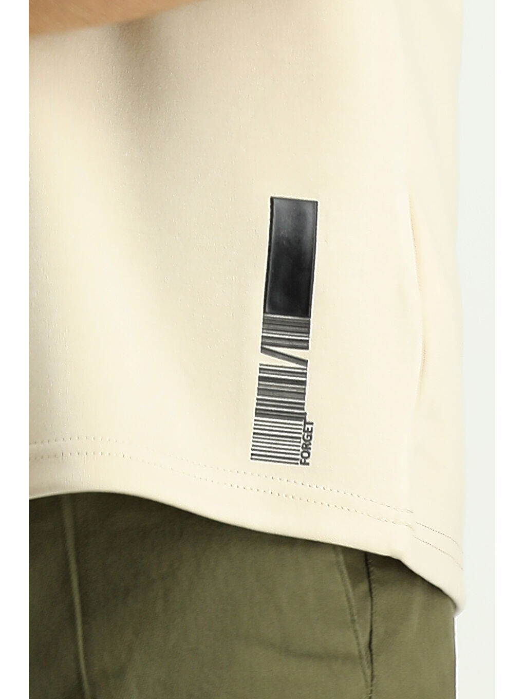 Bej BİSİKLET YAKA OVERSİZE Elastanlı BASKILI TİŞÖRT-3