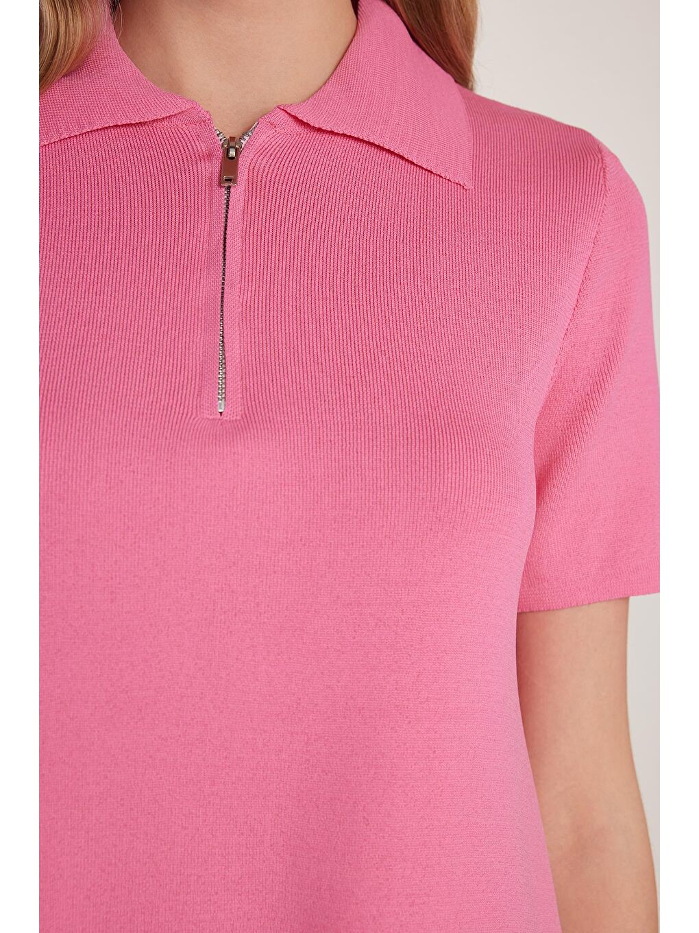 Kadın Standart Fit Kısa Kollu Fermuarlı Gömlek Yaka Pembe Elbise-2