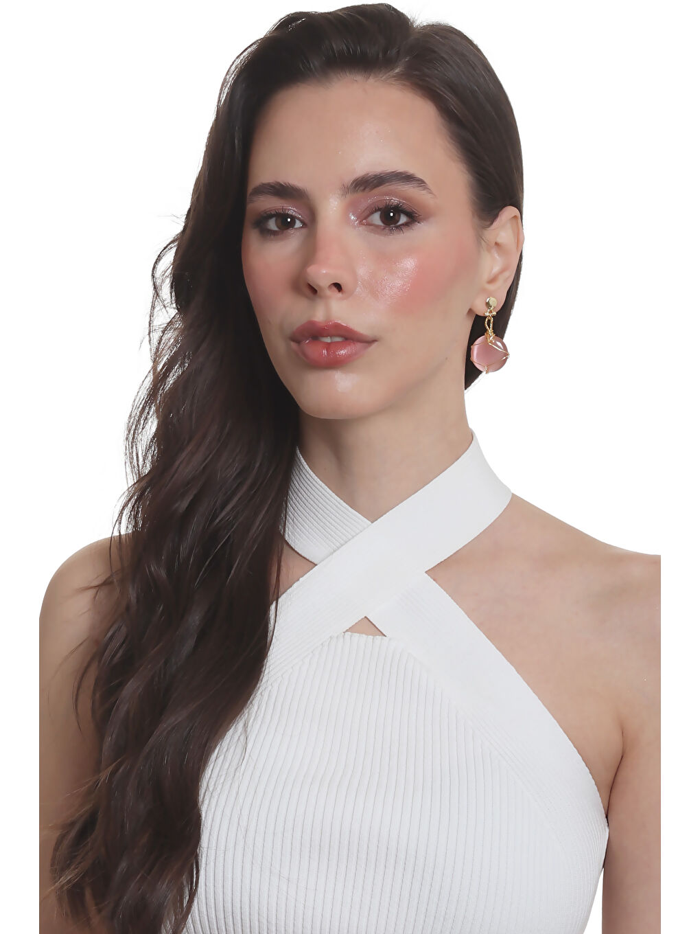 Pembe Kadın Çivili Model Altın Renk Tel Sarma Tasarım Kedigözü Küpe-4