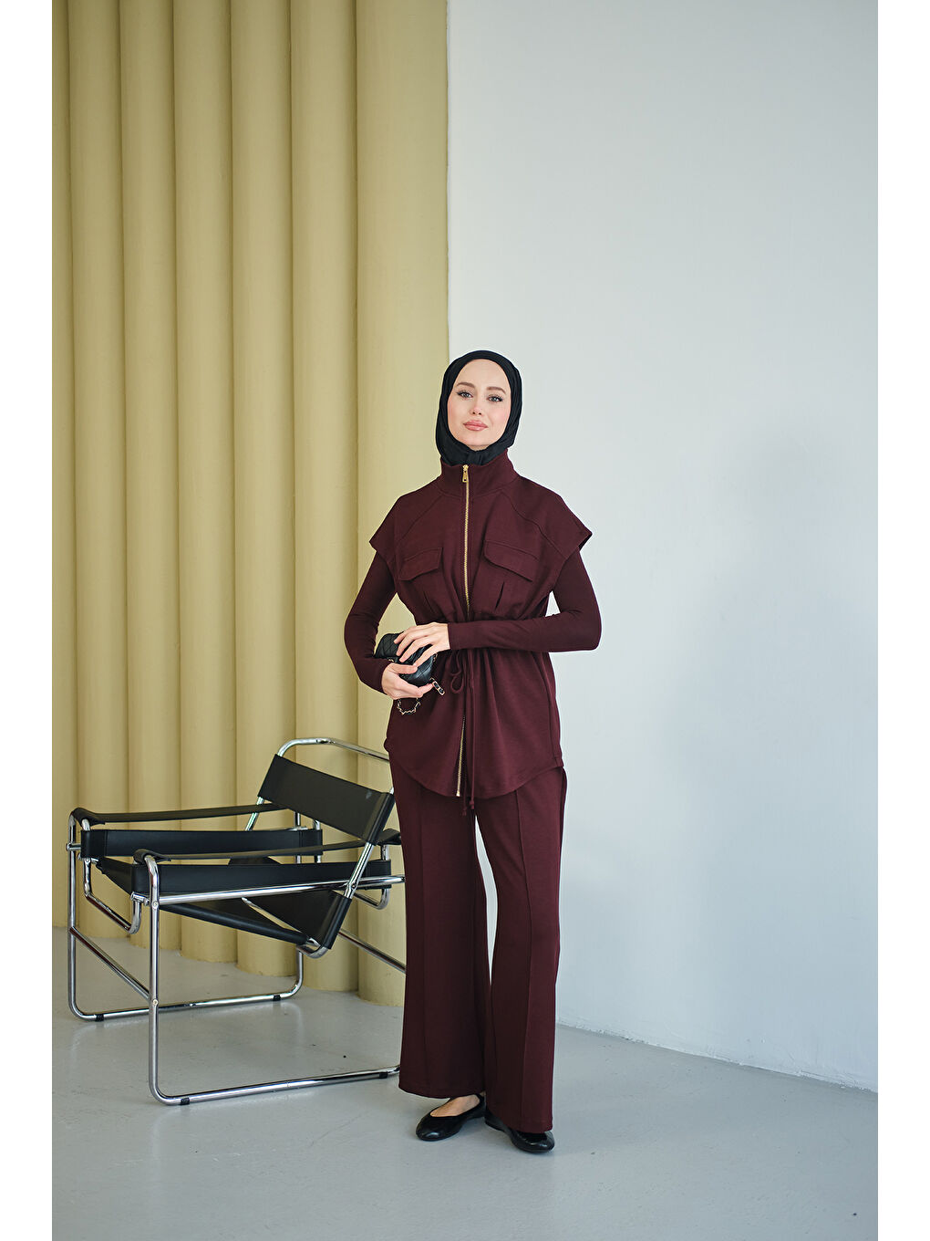 Kadın Beli Ayarlanabilir Gold Fermuar Detay Yelekli Takım Bordo-2