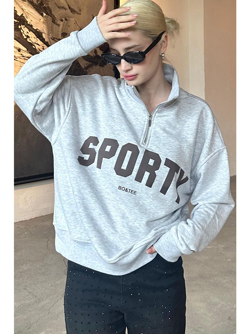 Beyaz Karmelanj Yarım Fermuarlı Baskılı Sweatshirt Mg2212-2