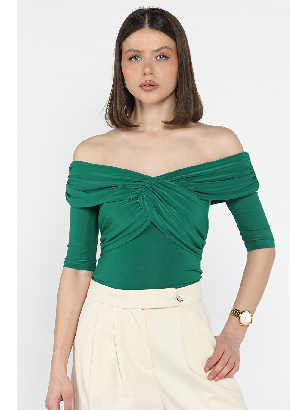Yeşil Madonna Yaka Drapeli Kadın Crop Bluz