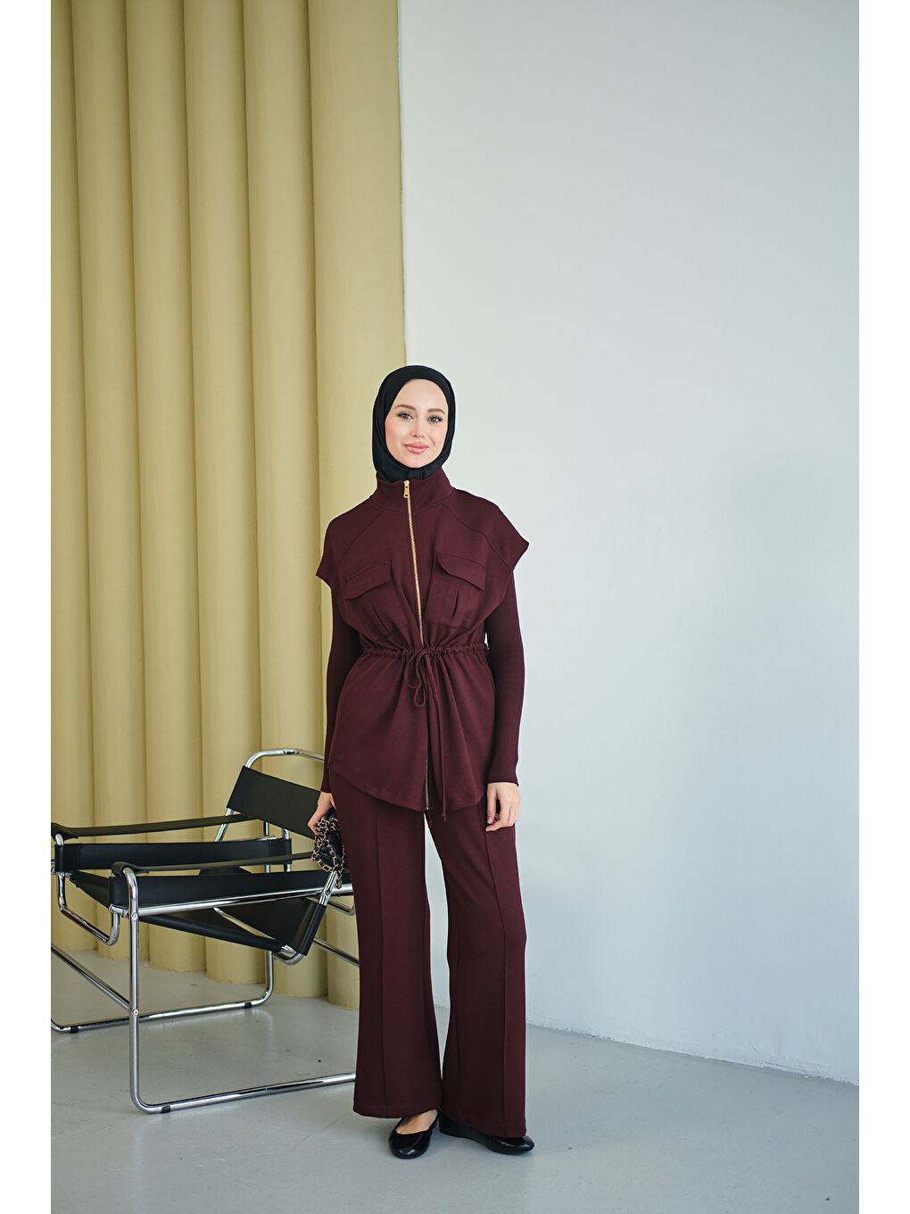 Kadın Beli Ayarlanabilir Gold Fermuar Detay Yelekli Takım Bordo-3