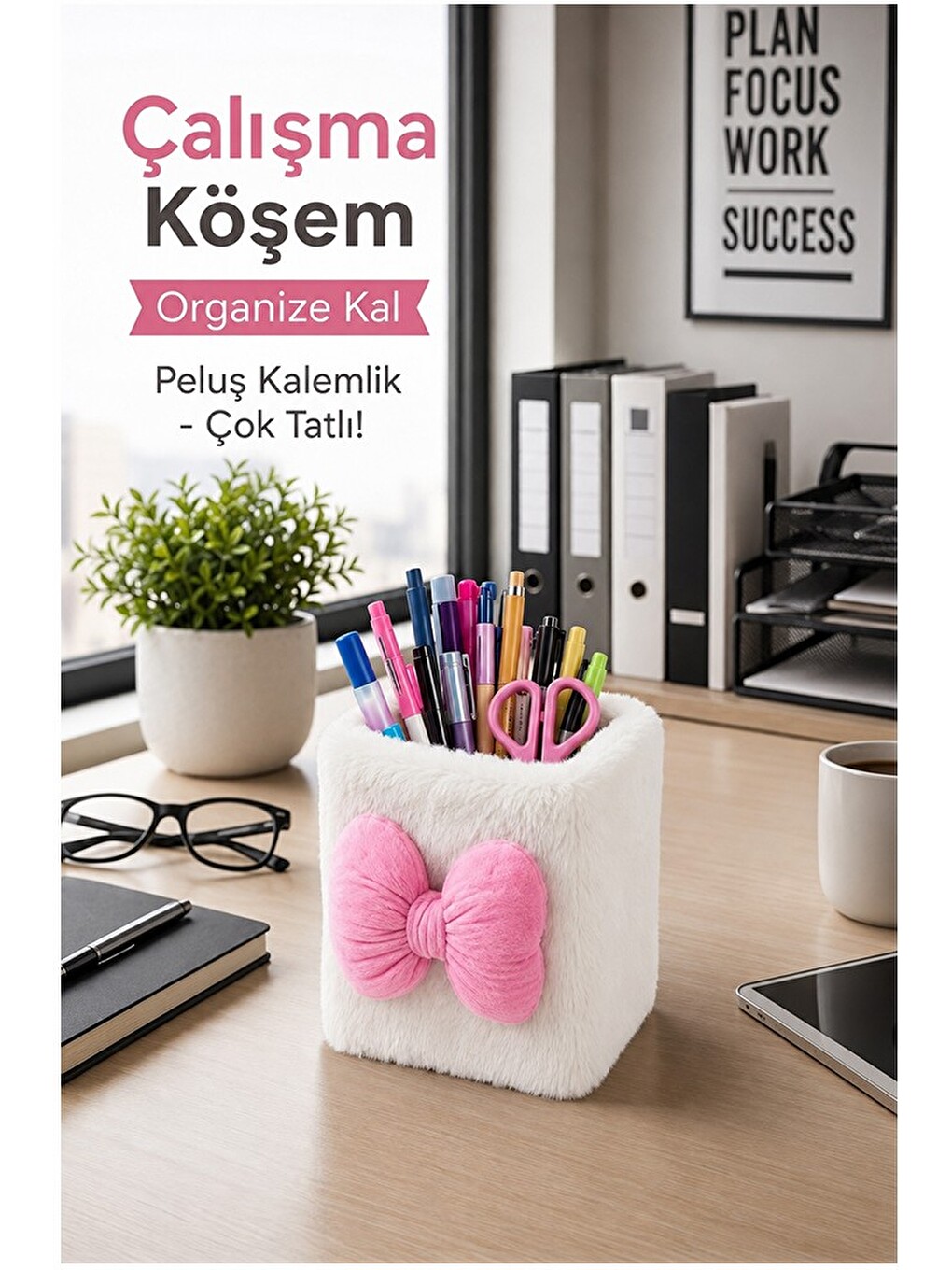 Açık Pembe Masaüstü Pelüş Kalemlik 1 Adet Pp-283 Renkli Masa Üstü Kalemlik Düzenleyici Plastik Ofis-3