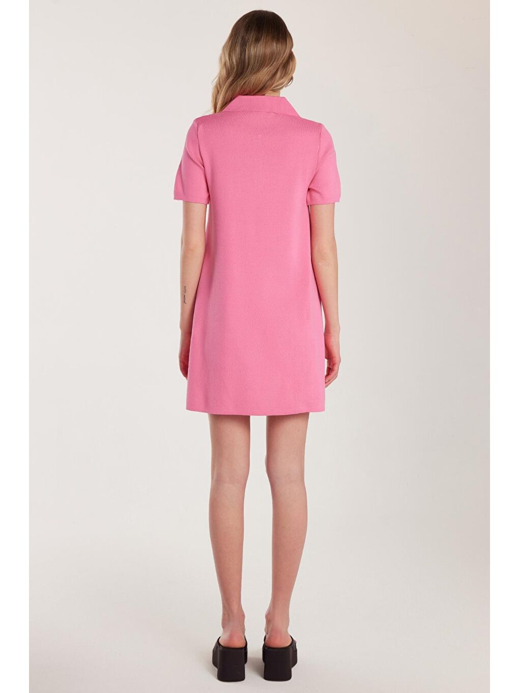 Kadın Standart Fit Kısa Kollu Fermuarlı Gömlek Yaka Pembe Elbise-4