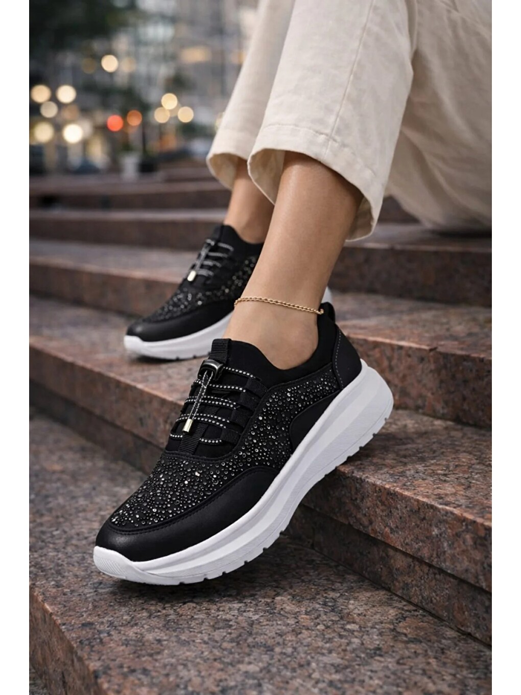 Siyah Kadın Taş İşlemeli Akıllı Bağcıklı Sneaker Kalın Taban Spor Ayakkabı-3