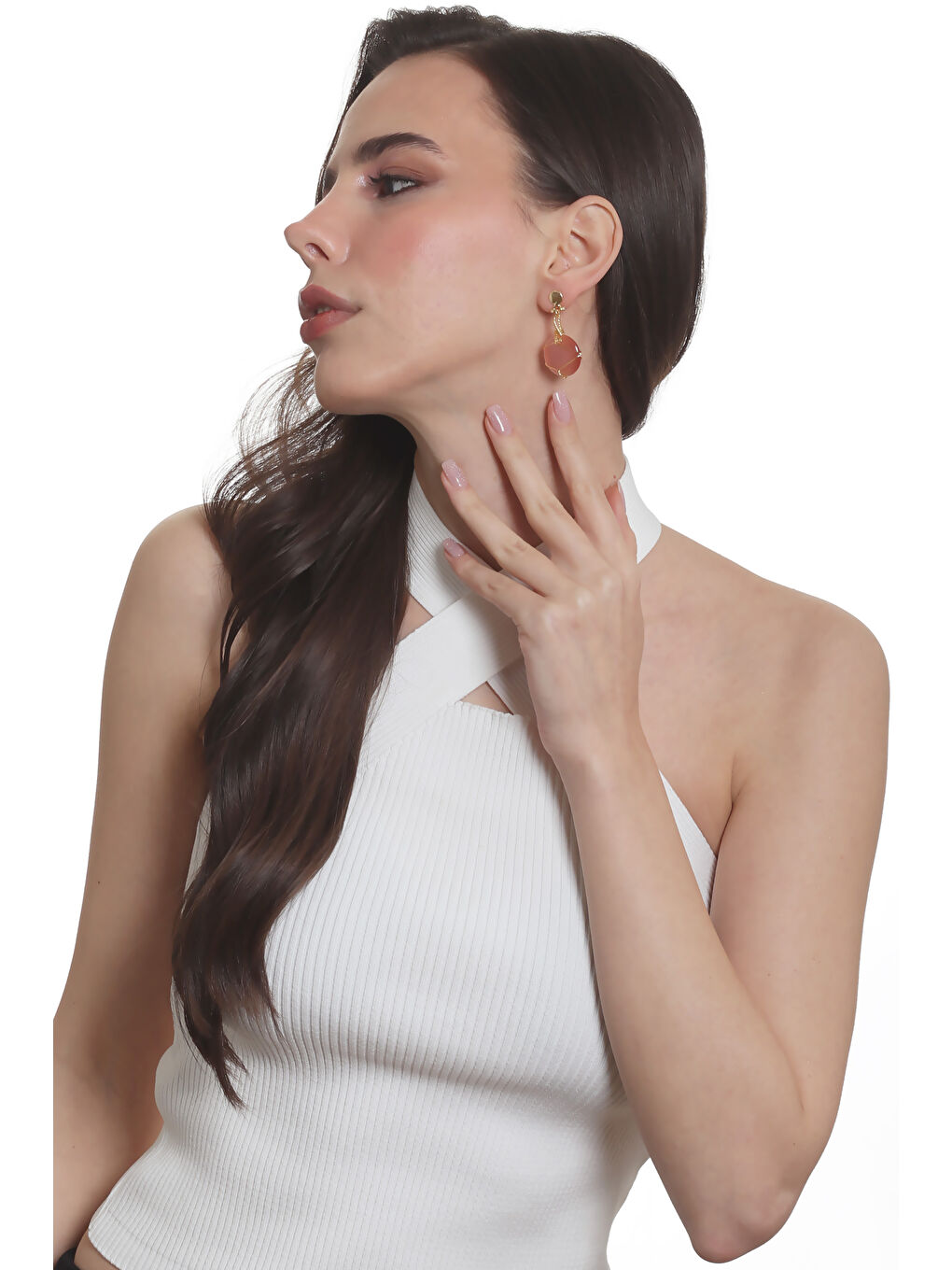 Pembe Kadın Çivili Model Altın Renk Tel Sarma Tasarım Kedigözü Küpe-6