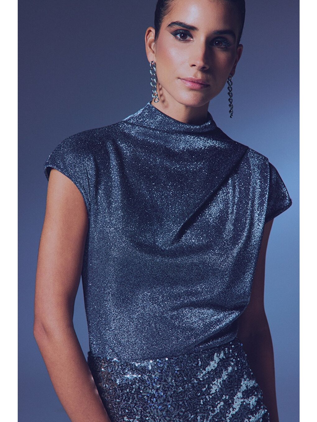 Simli Dik Yaka Bodysuit - Antrasit-1