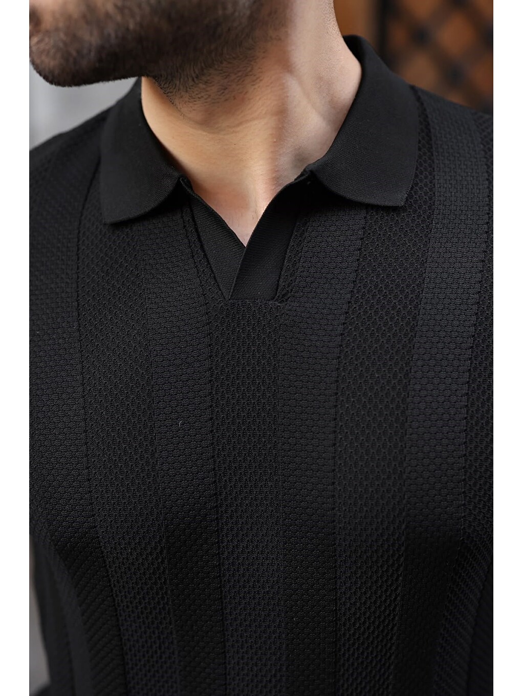 Siyah Regular Fit Polo Yaka Triko Erkek Kazak E7509-3