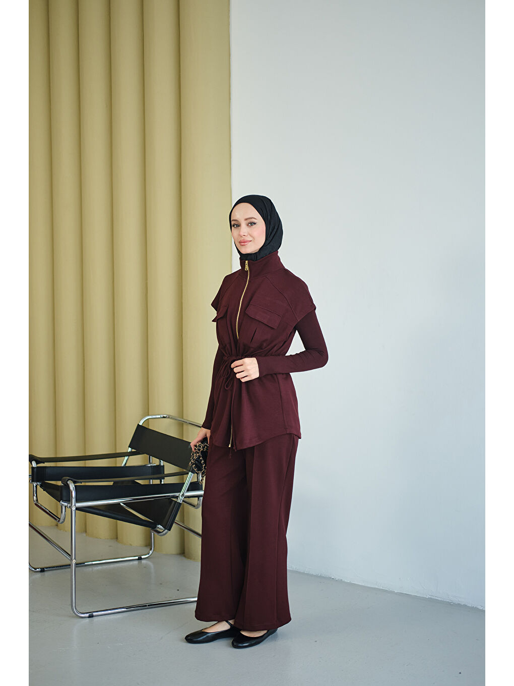 Kadın Beli Ayarlanabilir Gold Fermuar Detay Yelekli Takım Bordo-4