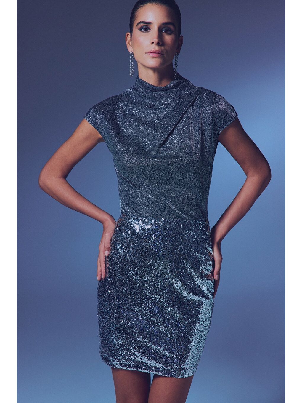 Simli Dik Yaka Bodysuit - Antrasit-2