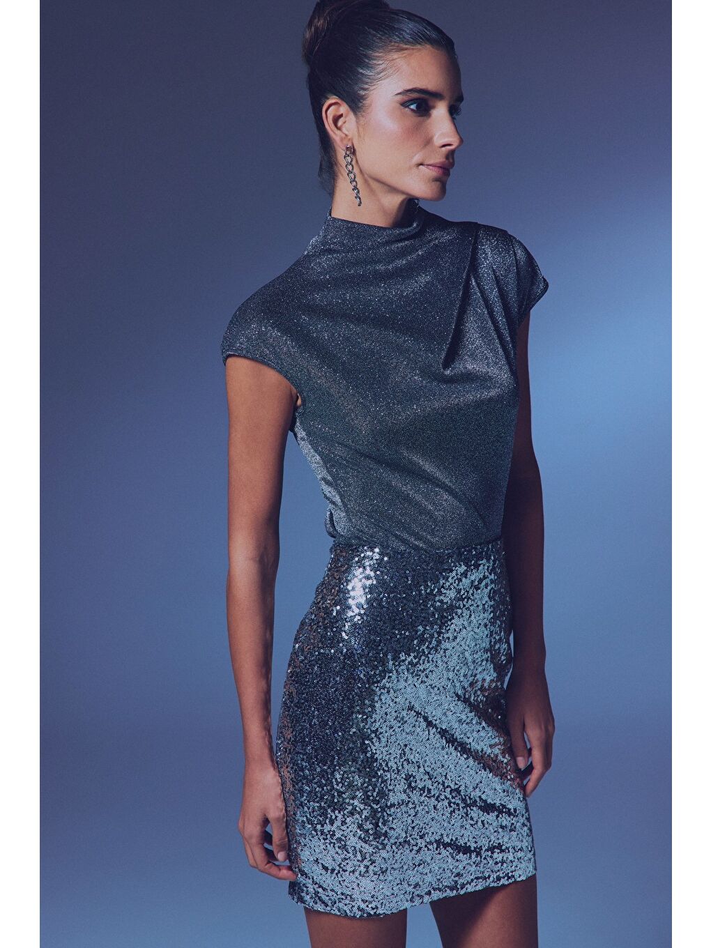 Simli Dik Yaka Bodysuit - Antrasit-3