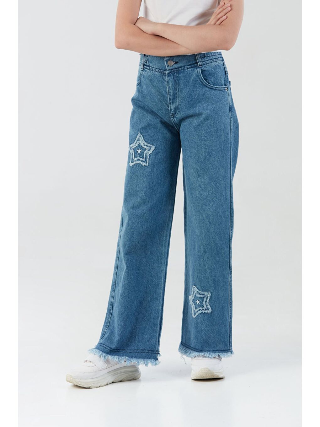 Mavi 2 Yıldız Nakışlı Beli Lastikli Kız Çocuk Pantolon