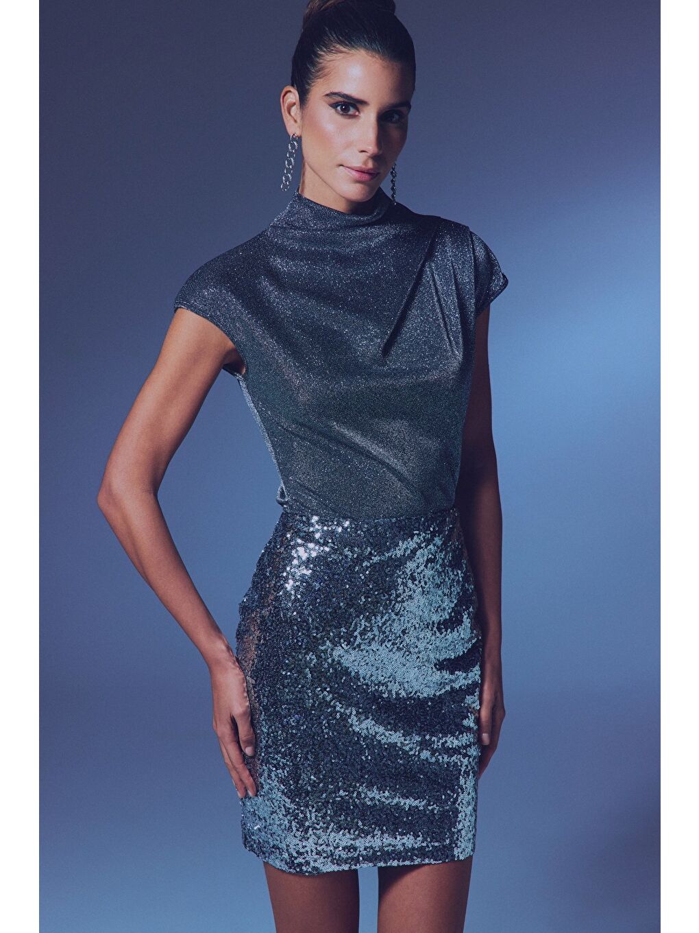 Simli Dik Yaka Bodysuit - Antrasit-4