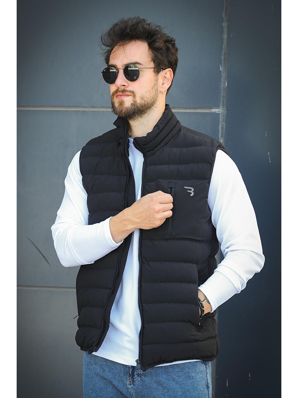 Siyah Doxfa Suya Dayanıklı Cepli Fermuar Detaylı Dik Yaka Erkek Şişme Yelek-2