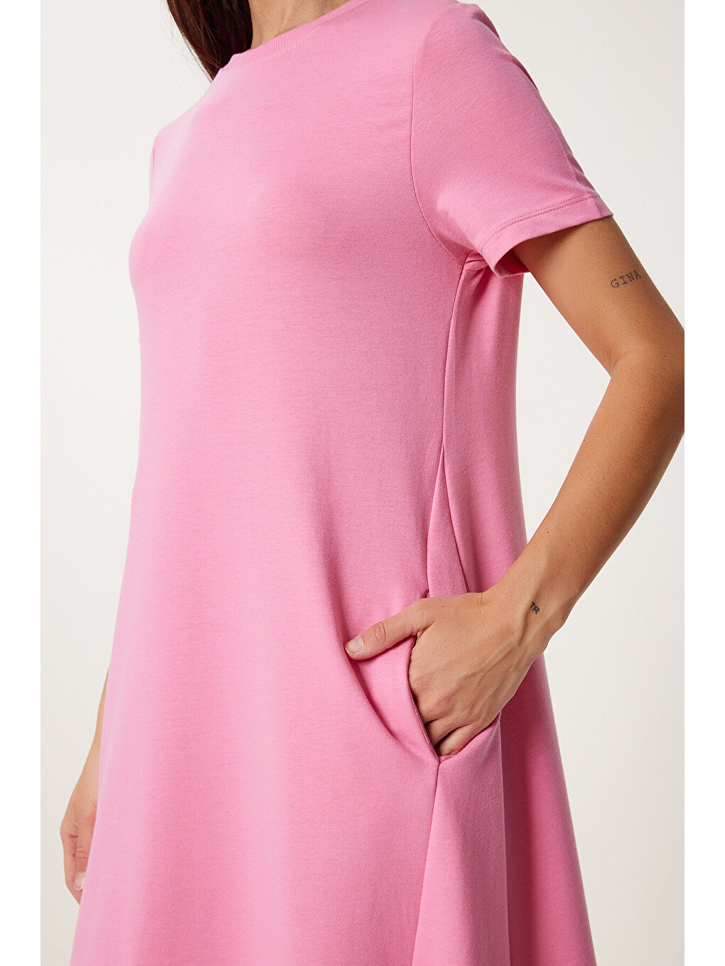 Pembe A Kesim Yazlık Örme Elbise PEMBE LUB0005-3