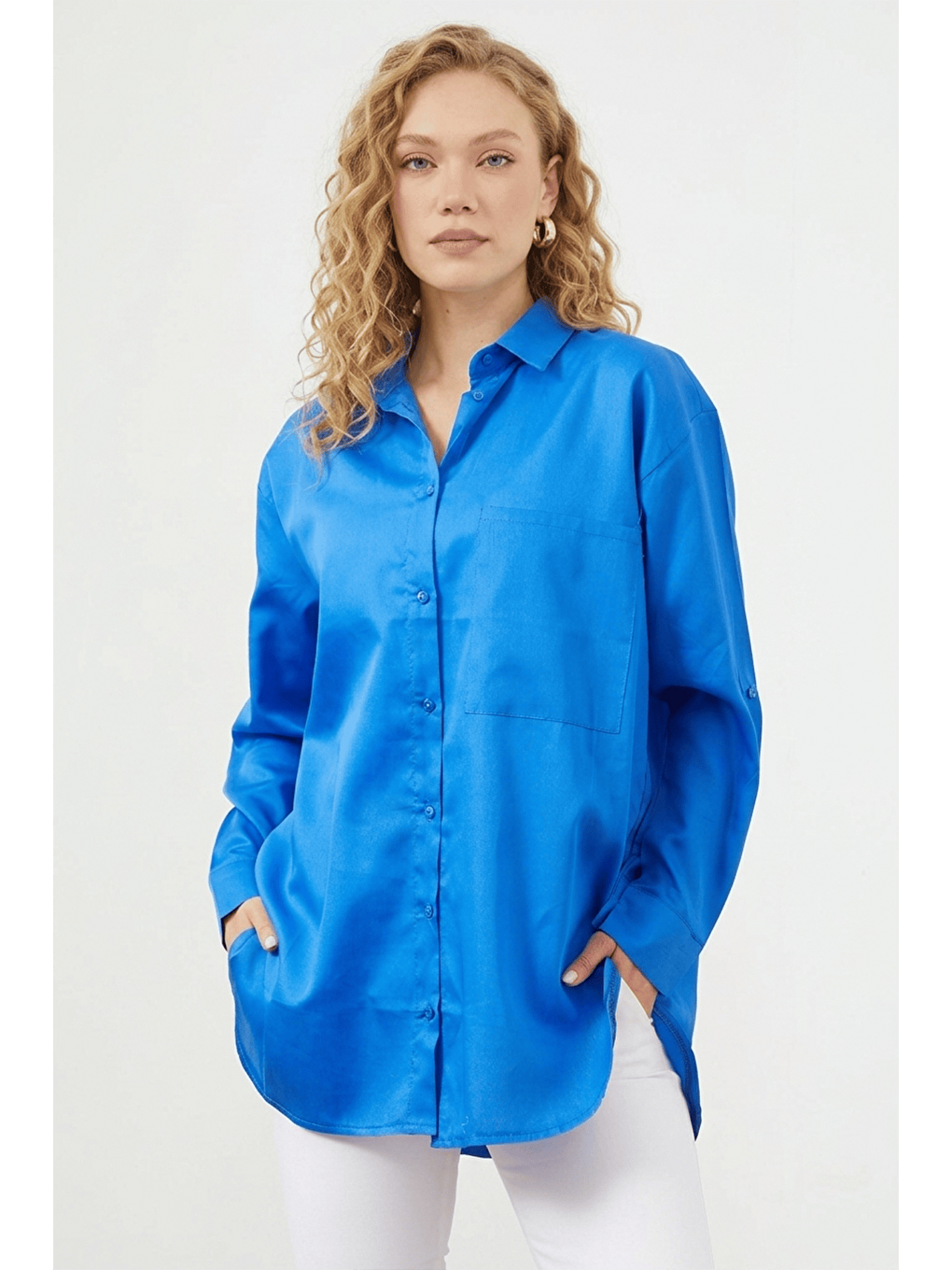 Mavi Tek Cepli Oversize Gömlek