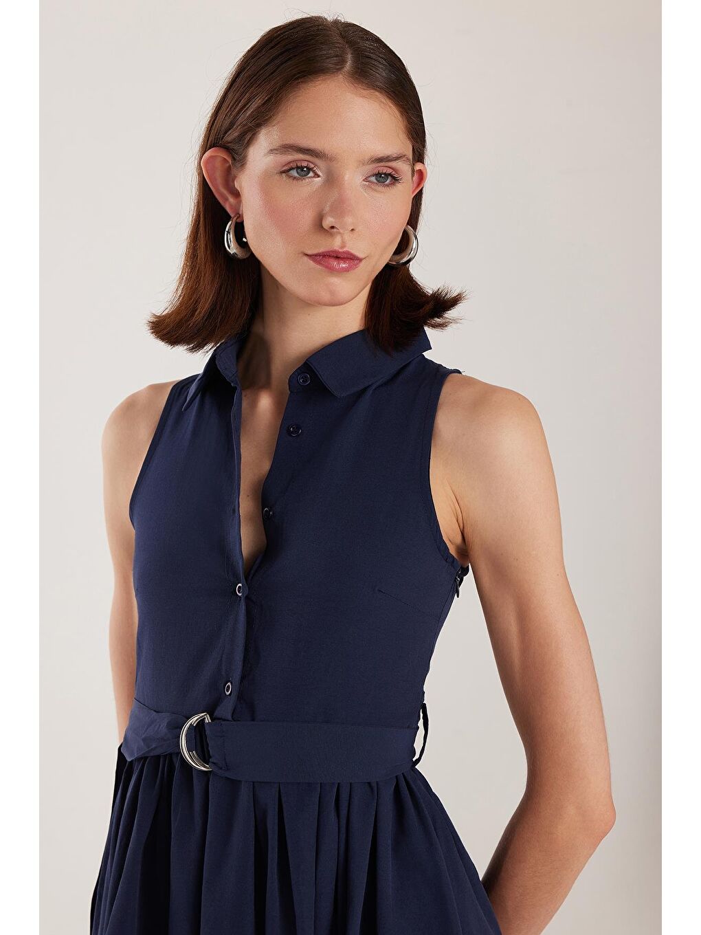 Kadın Standart Fit Düğmeli Beli Bağlamalı Gömlek Yaka Lacivert Elbise-1