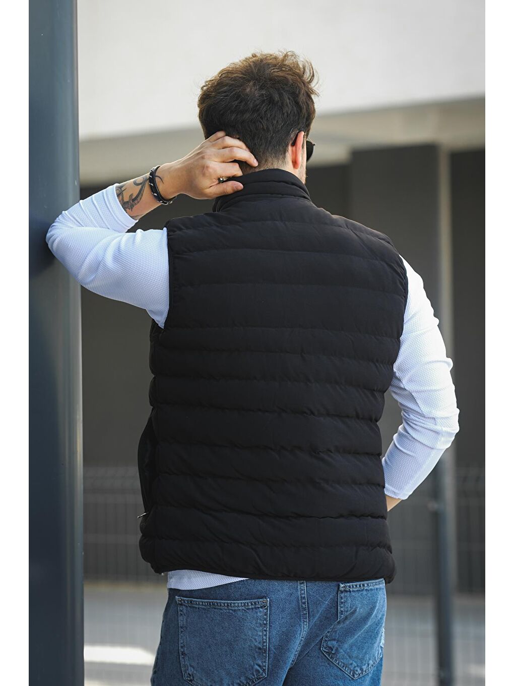 Siyah Doxfa Suya Dayanıklı Cepli Fermuar Detaylı Dik Yaka Erkek Şişme Yelek-3