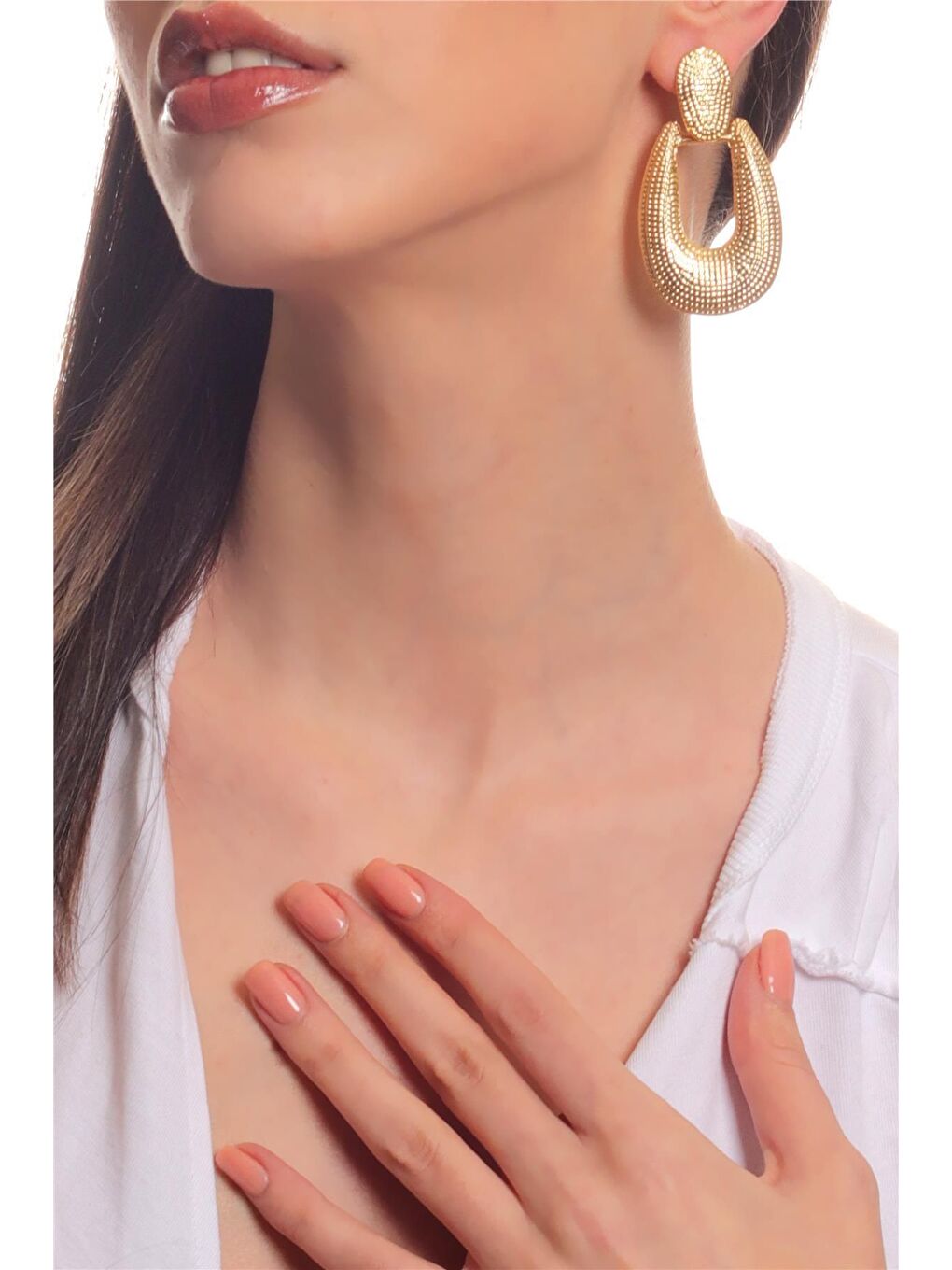 Sarı Kadın Antik Gümüş Kaplama Çivili Model Baskılı Büyük Damla Küpe-1