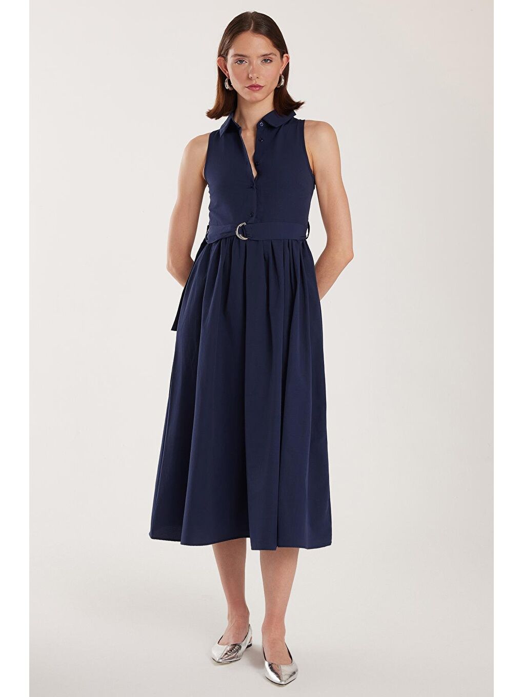 Kadın Standart Fit Düğmeli Beli Bağlamalı Gömlek Yaka Lacivert Elbise-3