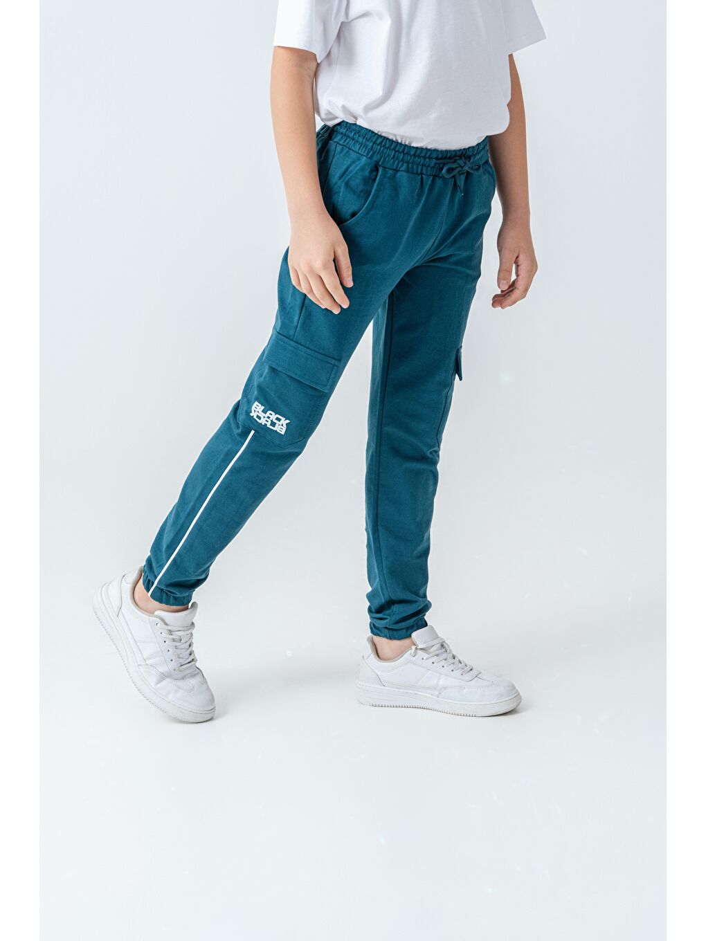 Yeşil Çift Kargo Cepli Sağ Cep Baskılı Çift Bacak Biyeli Erkek Çocuk Eşofman Altı-3