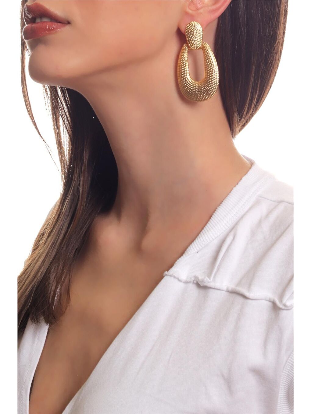 Sarı Kadın Antik Gümüş Kaplama Çivili Model Baskılı Büyük Damla Küpe-2