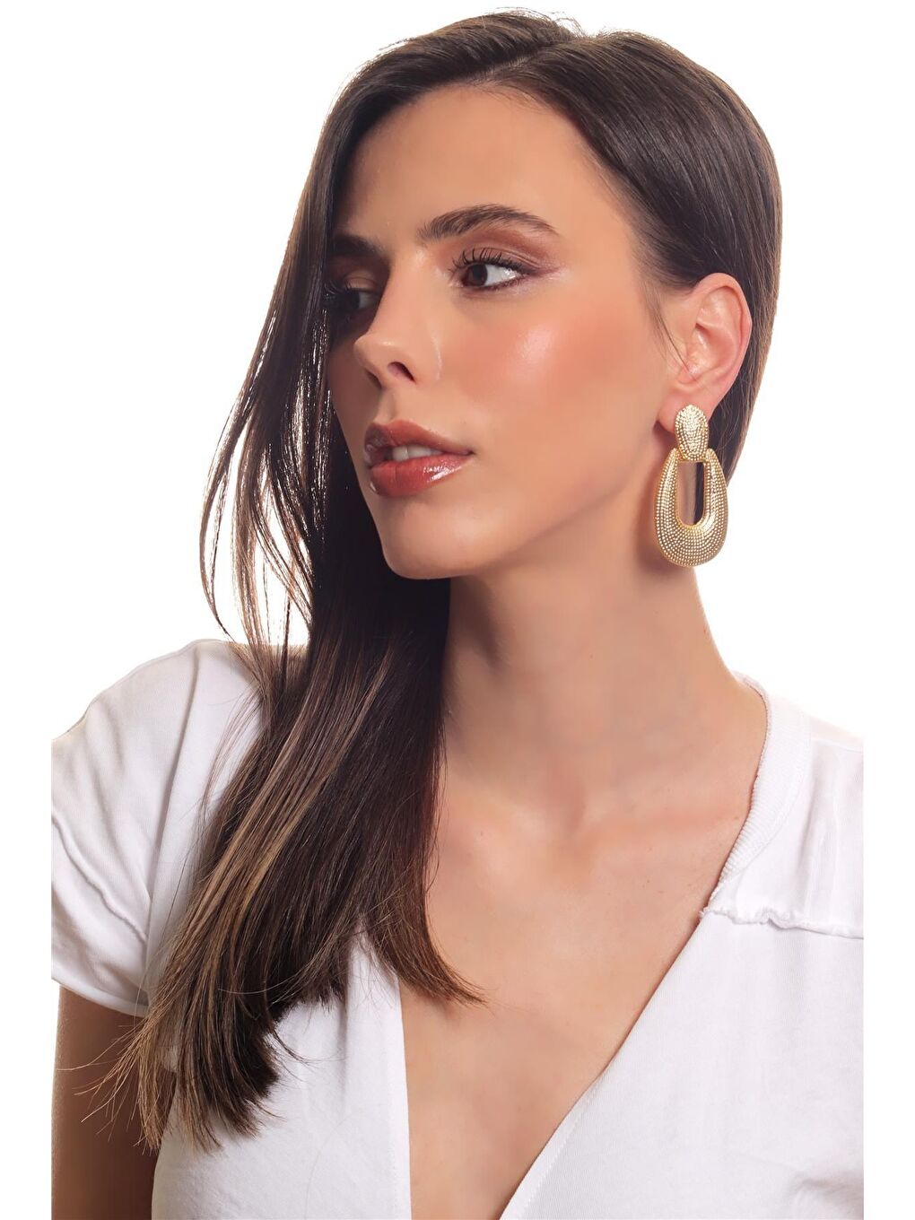 Sarı Kadın Antik Gümüş Kaplama Çivili Model Baskılı Büyük Damla Küpe-3