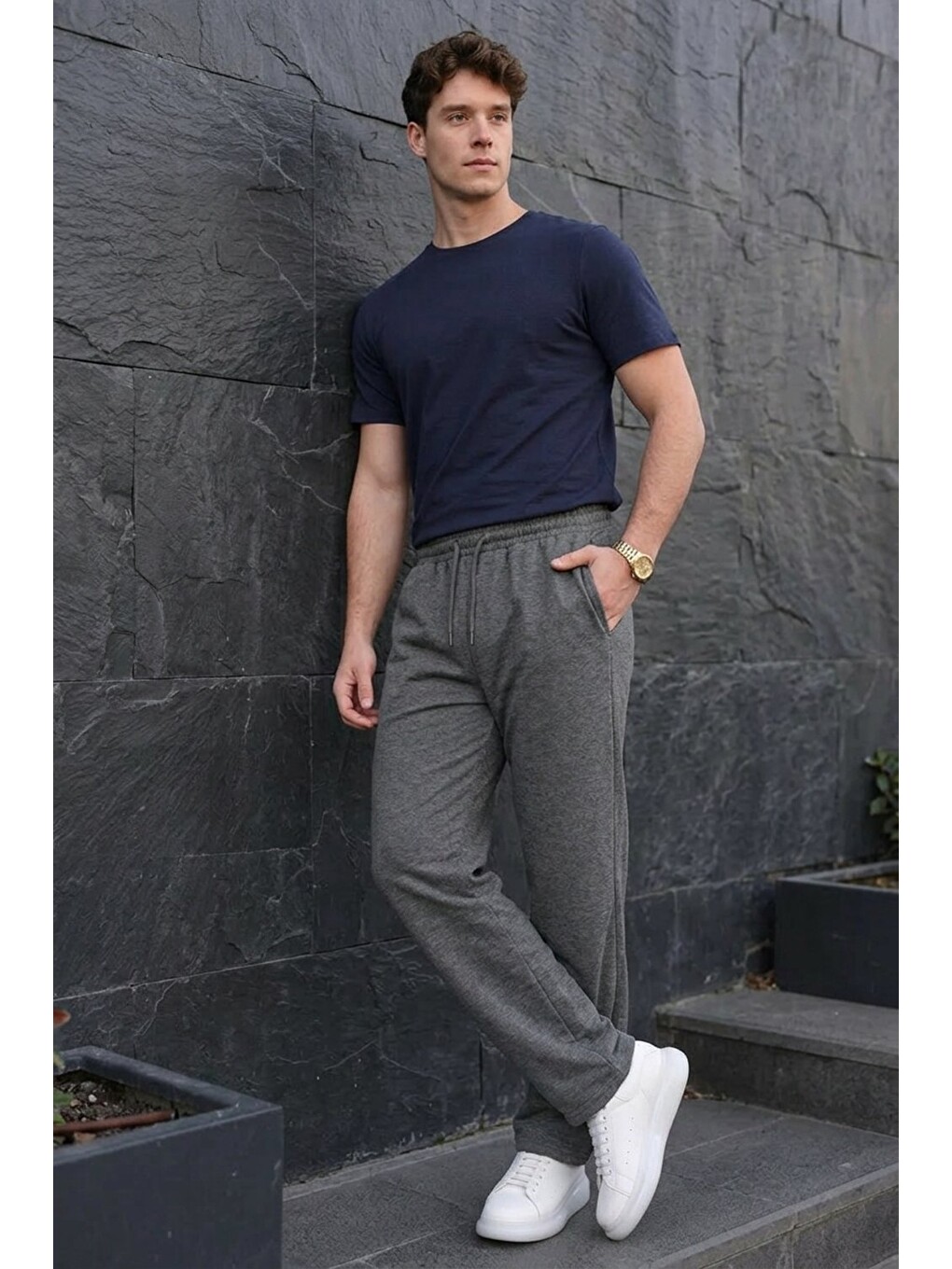 Gri Erkek Relax Fit Beli Lastikli Jogger Füme Eşofman Altı-3