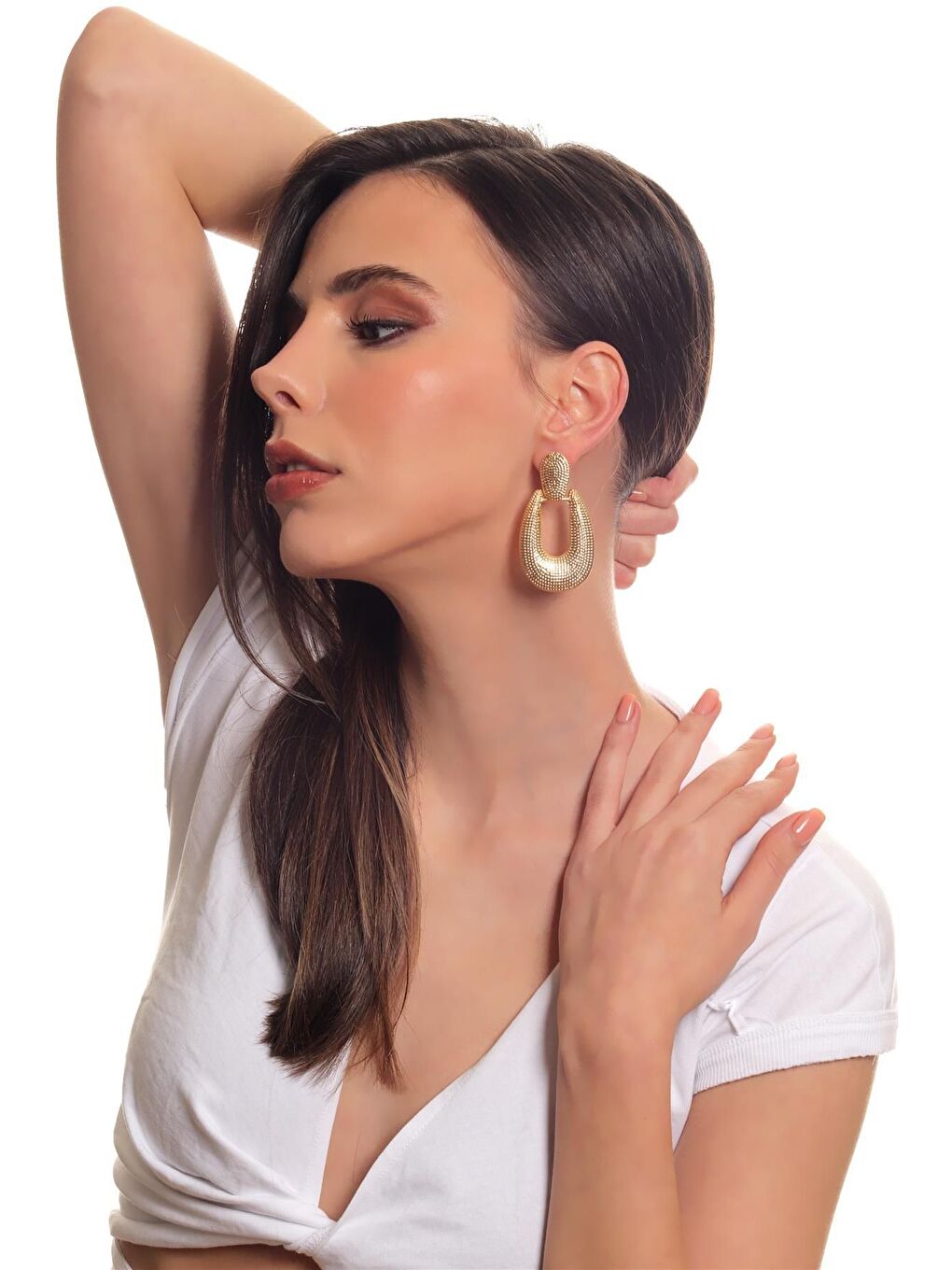 Sarı Kadın Antik Gümüş Kaplama Çivili Model Baskılı Büyük Damla Küpe-4