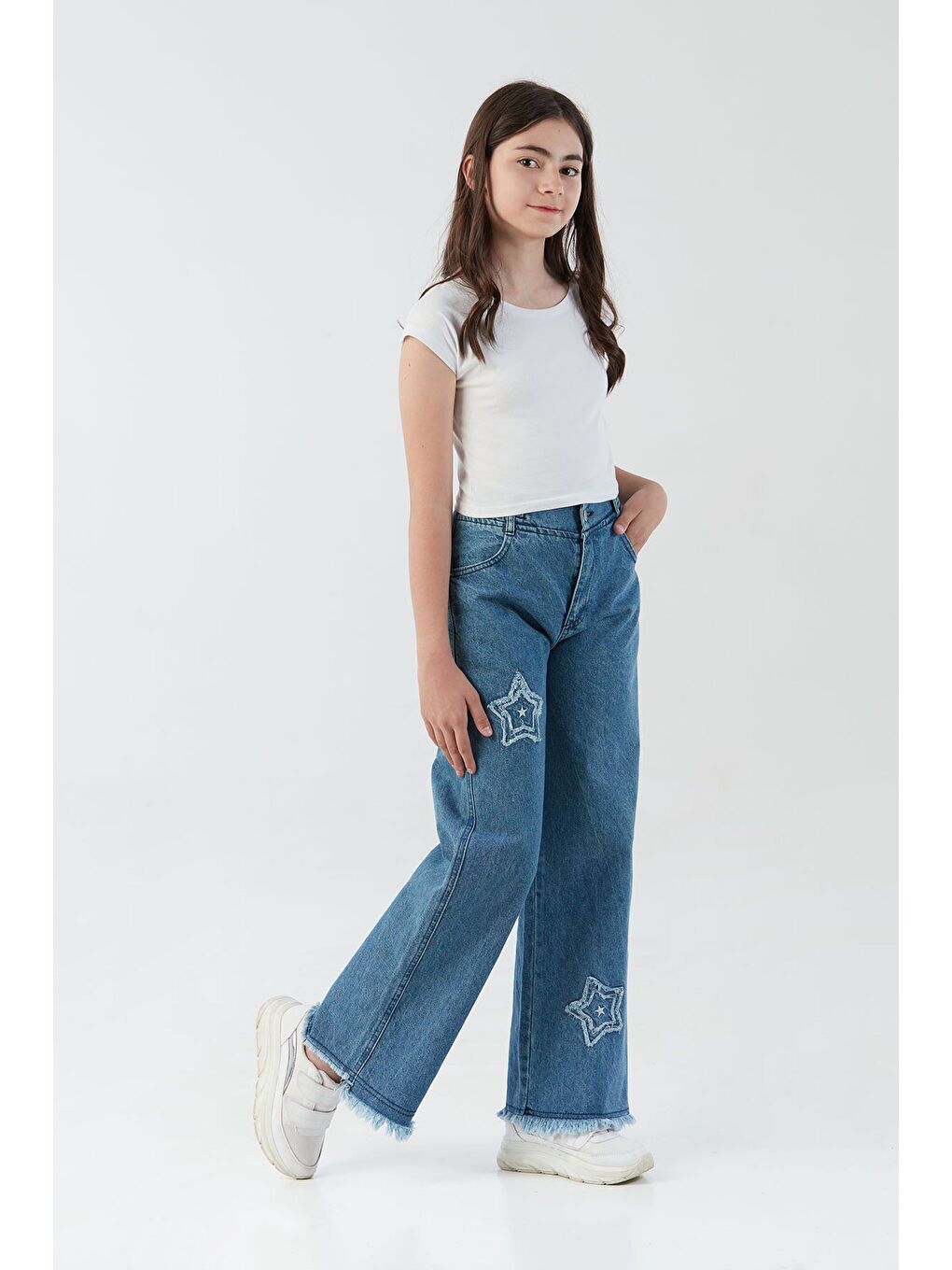 Mavi 2 Yıldız Nakışlı Beli Lastikli Kız Çocuk Pantolon-3