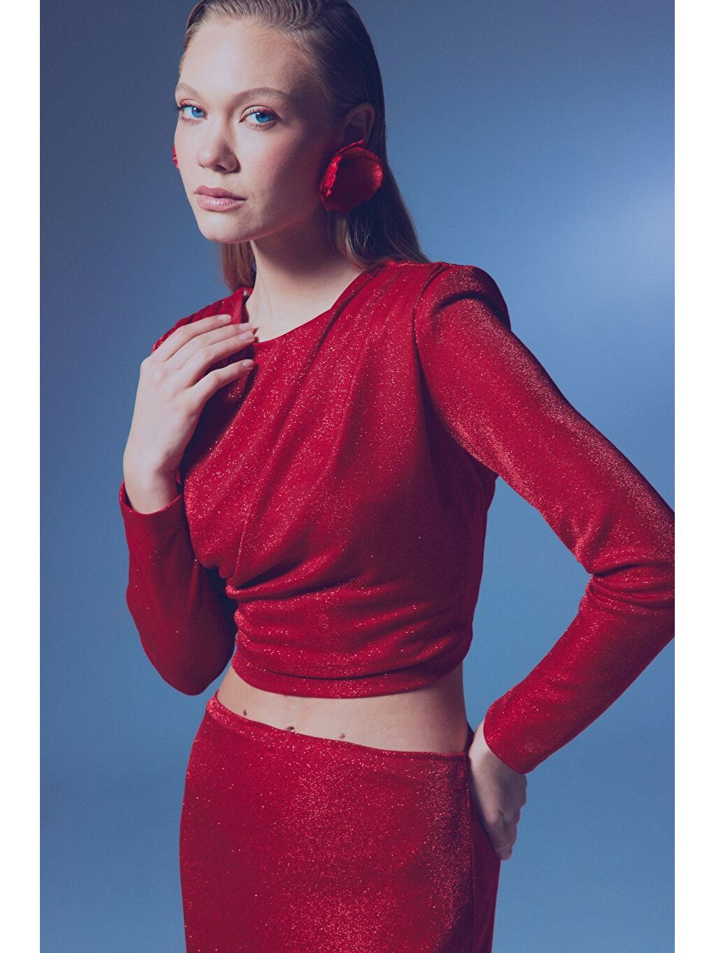 Vatkalı Simli Bluz - Kırmızı-1