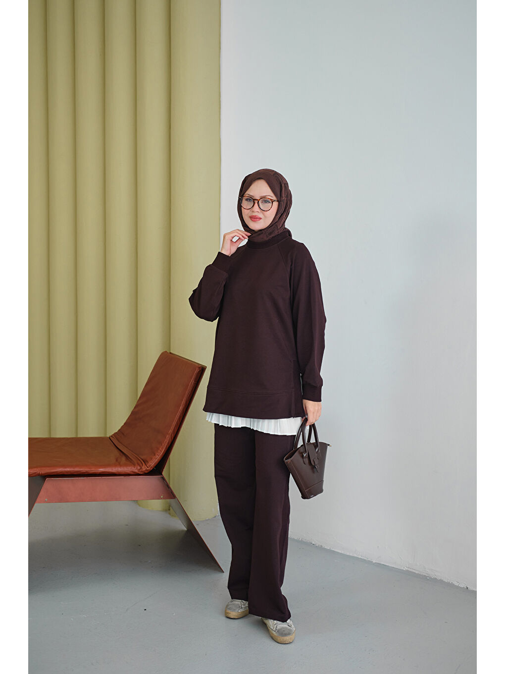 Kadın Yanları Fitilli Fermuarlı Basic Takım Kahverengi-1