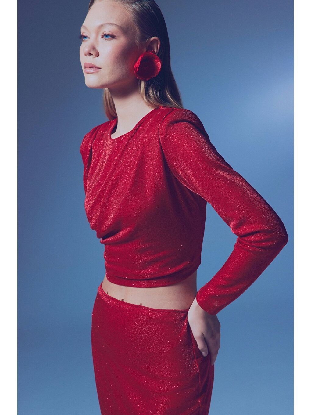 Vatkalı Simli Bluz - Kırmızı-3