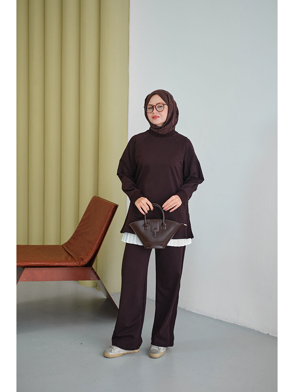 Kadın Yanları Fitilli Fermuarlı Basic Takım Kahverengi-2