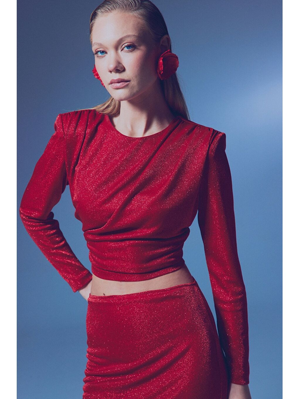 Vatkalı Simli Bluz - Kırmızı-4