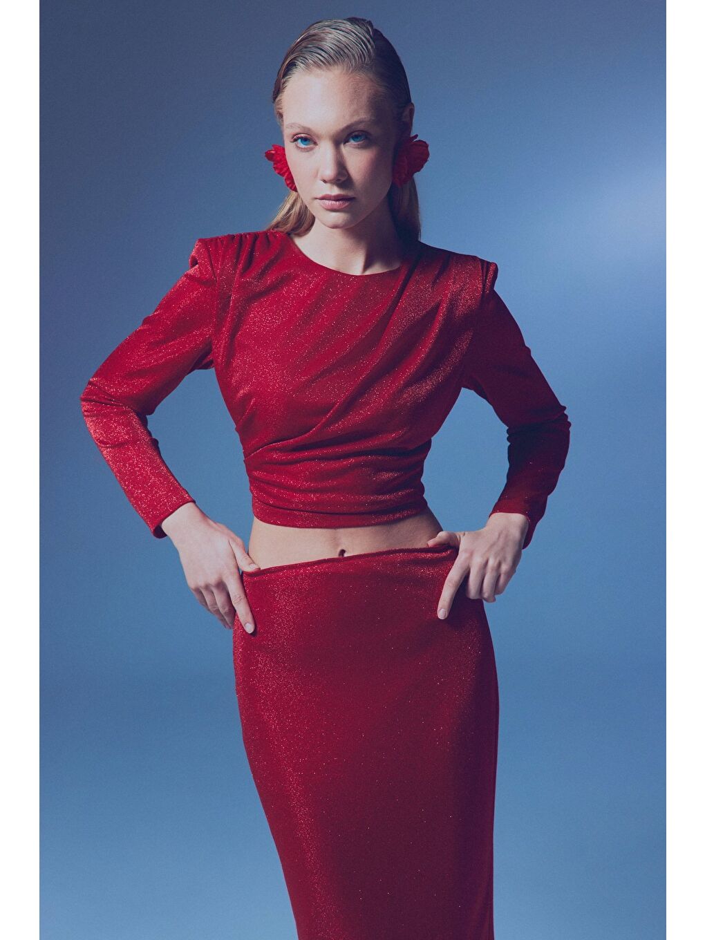 Vatkalı Simli Bluz - Kırmızı-5