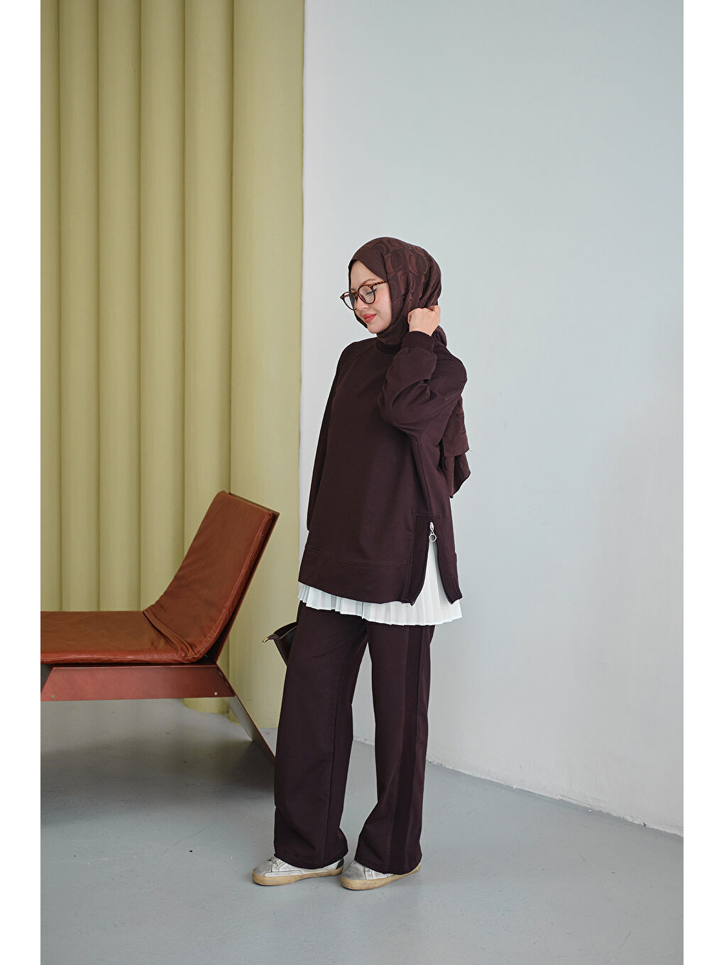 Kadın Yanları Fitilli Fermuarlı Basic Takım Kahverengi-3