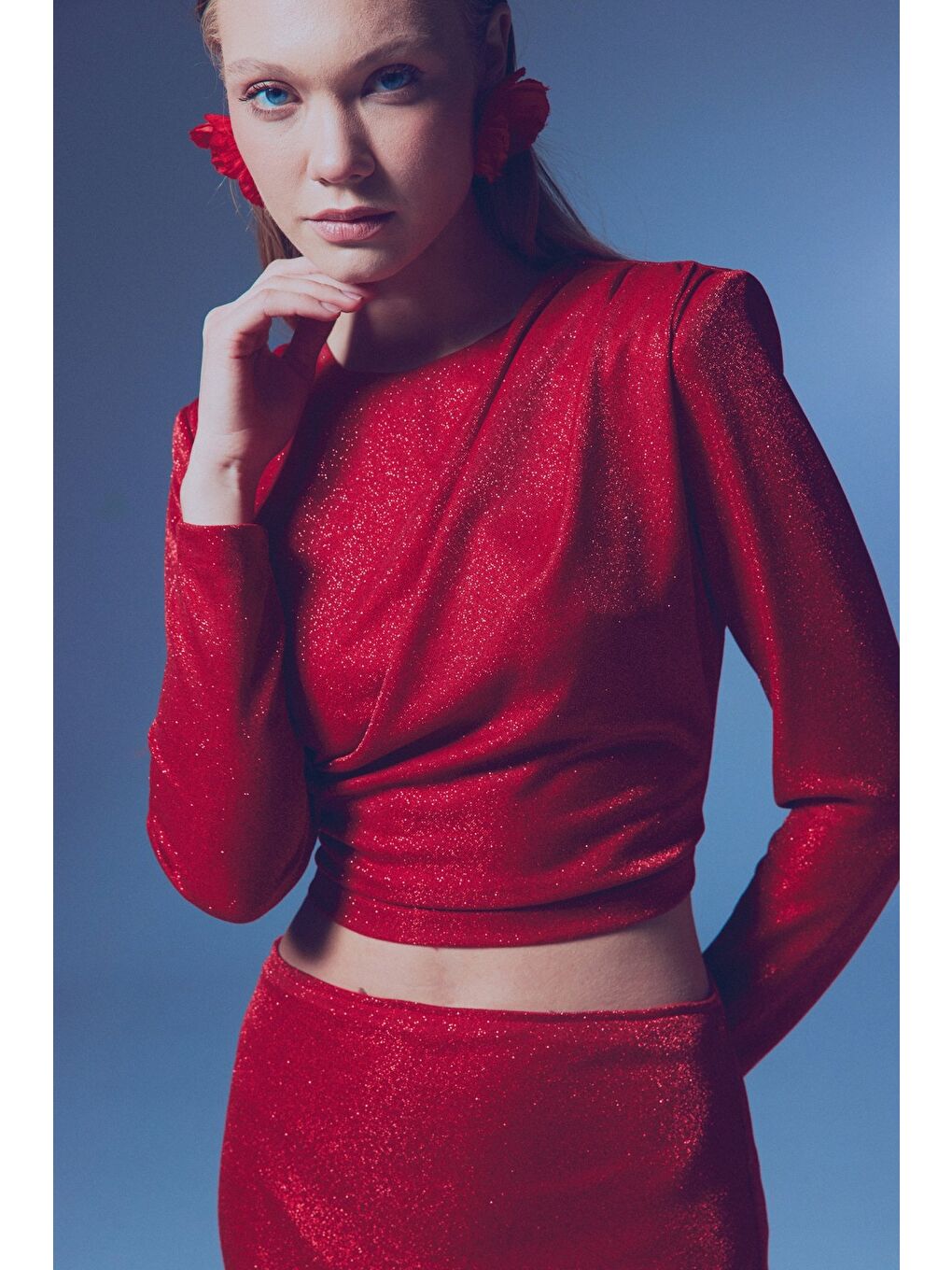 Vatkalı Simli Bluz - Kırmızı-6