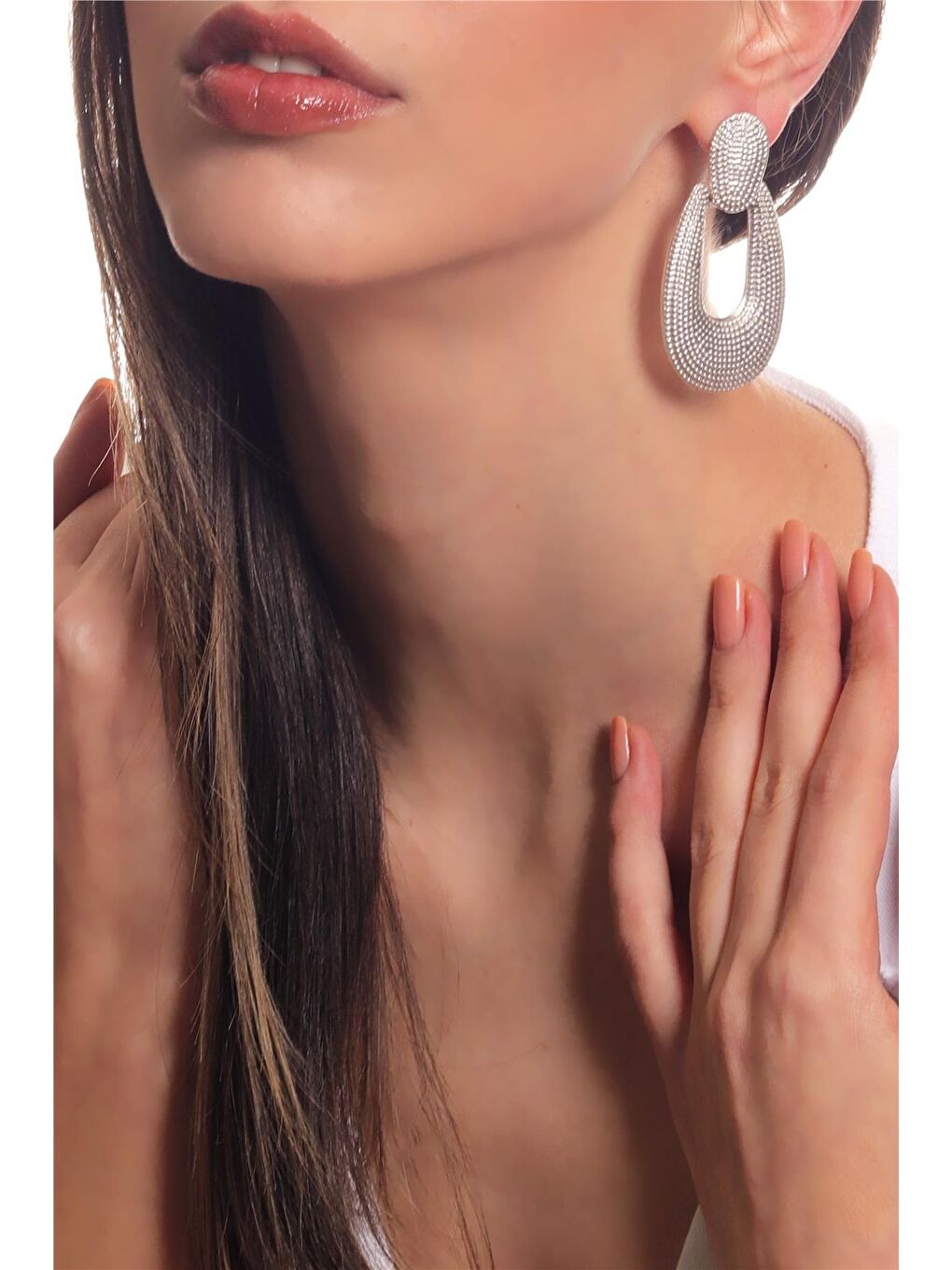 Gri Kadın Antik Gümüş Kaplama Çivili Model Baskılı Büyük Damla Küpe-2