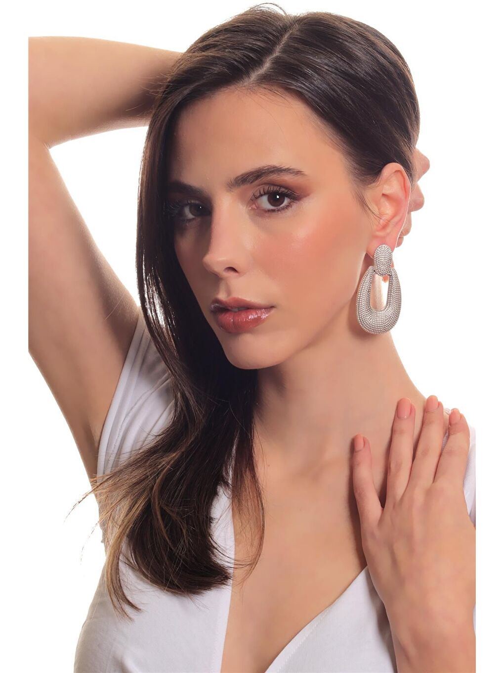 Gri Kadın Antik Gümüş Kaplama Çivili Model Baskılı Büyük Damla Küpe-3